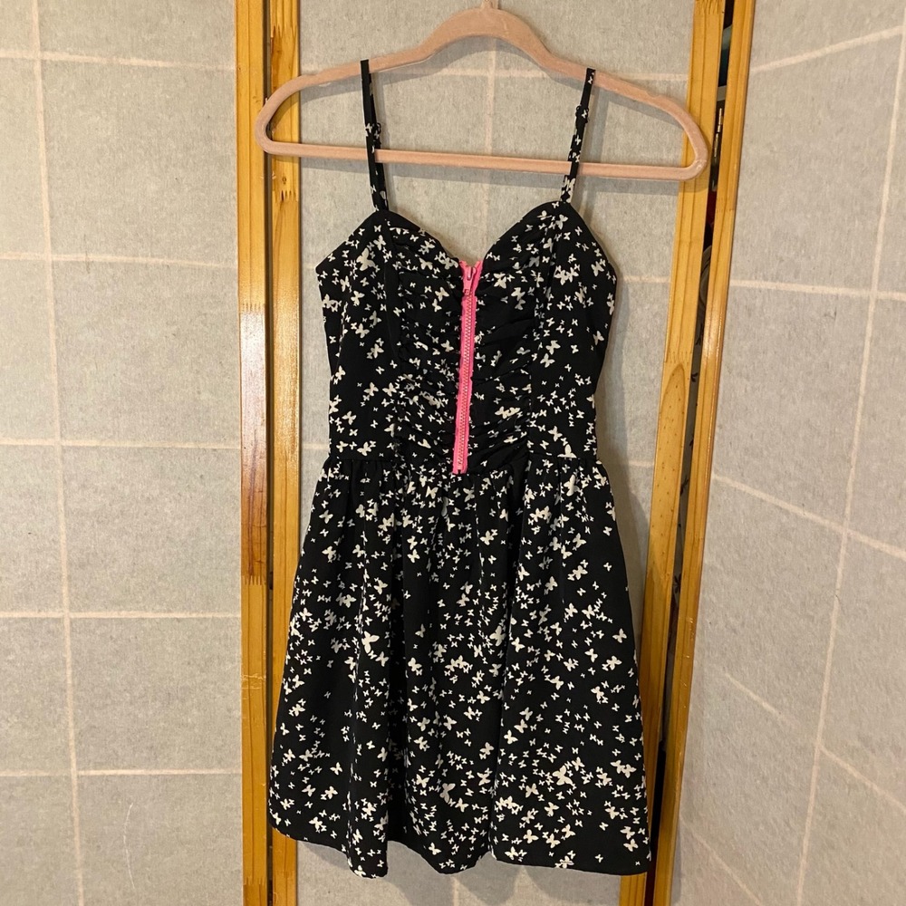 Y2K Wet Seal Black Butterfly Print Ruffle Front Zipper Dress Size S  Retro Skate